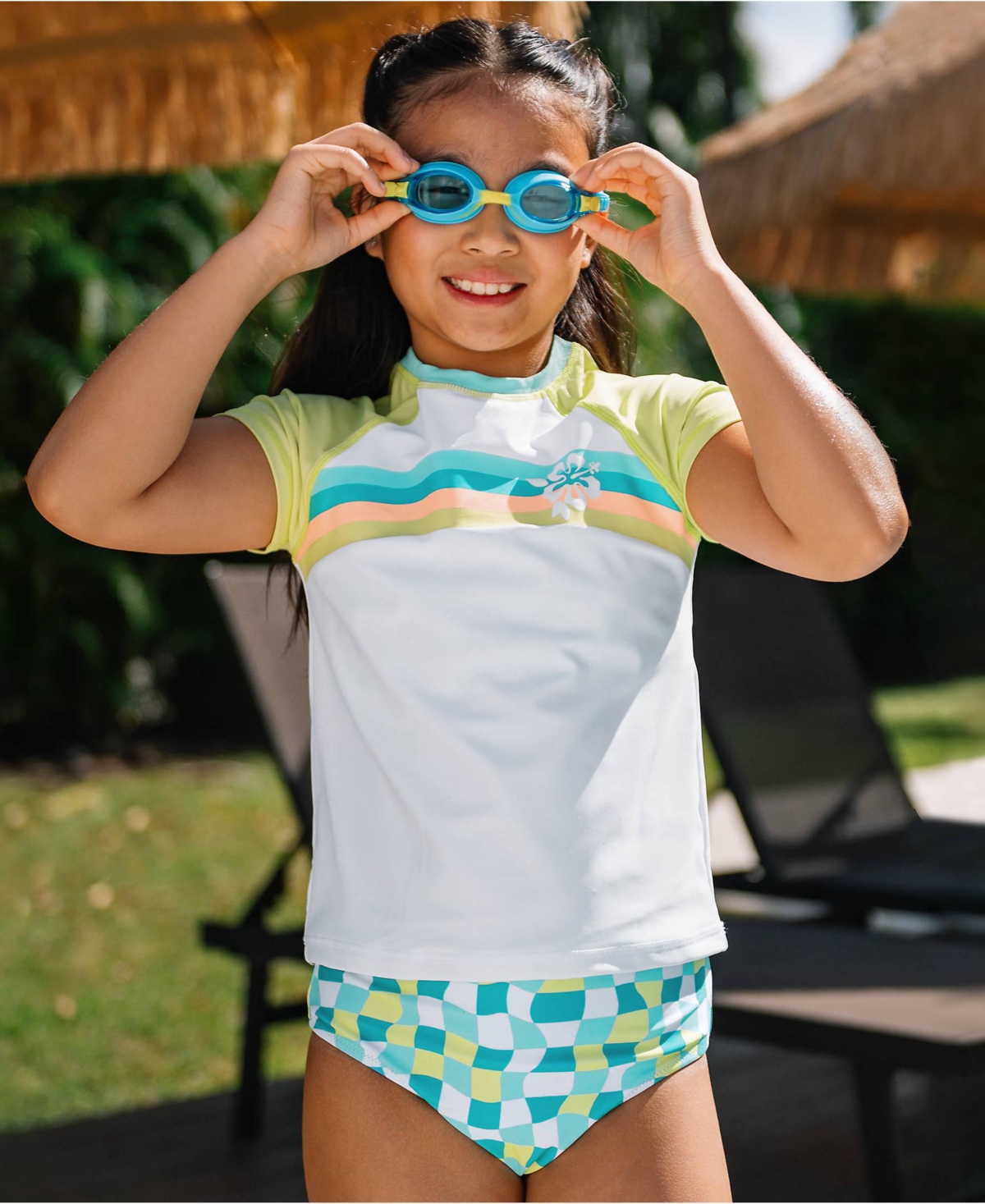 Lands' End Girls Chlorine Resistant Short Sleeve Rash Guard 3 Piece Swimsuit Set