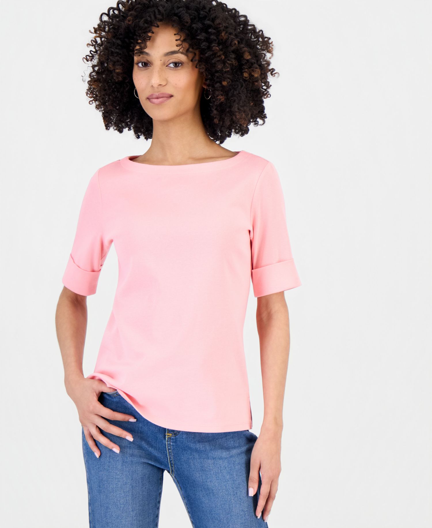 Petite Cotton Elbow-Sleeve Boat-Neck Top