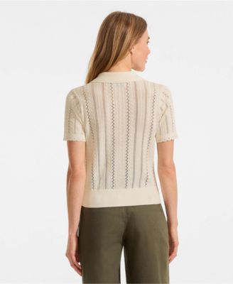 Women's Fine Gauge Cotton Pointelle Polo Sweater