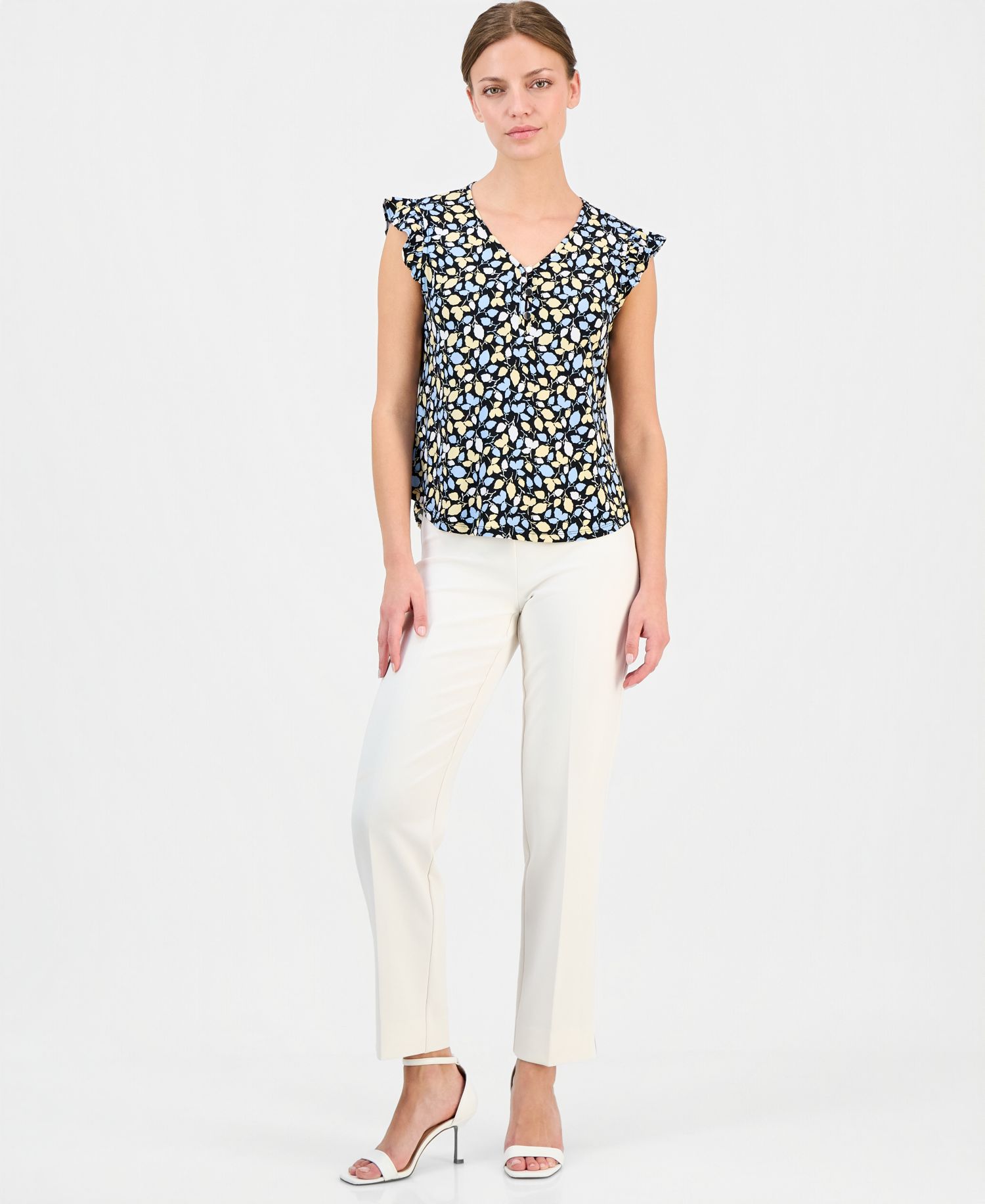 Petite Short-Sleeve V-Neck Button-Front Top