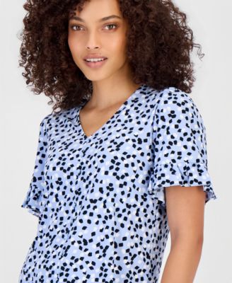 Petite Printed Ruffle-Sleeve Top