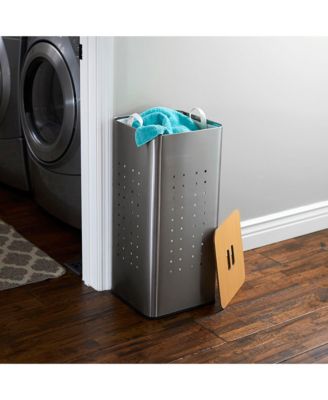 Square Metal Hamper with Engineered Wooden Lid, Stainless Steel