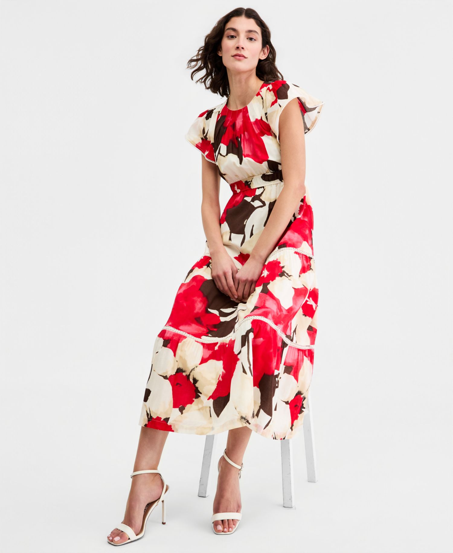 Petite Flutter-Sleeve Tiered Dress