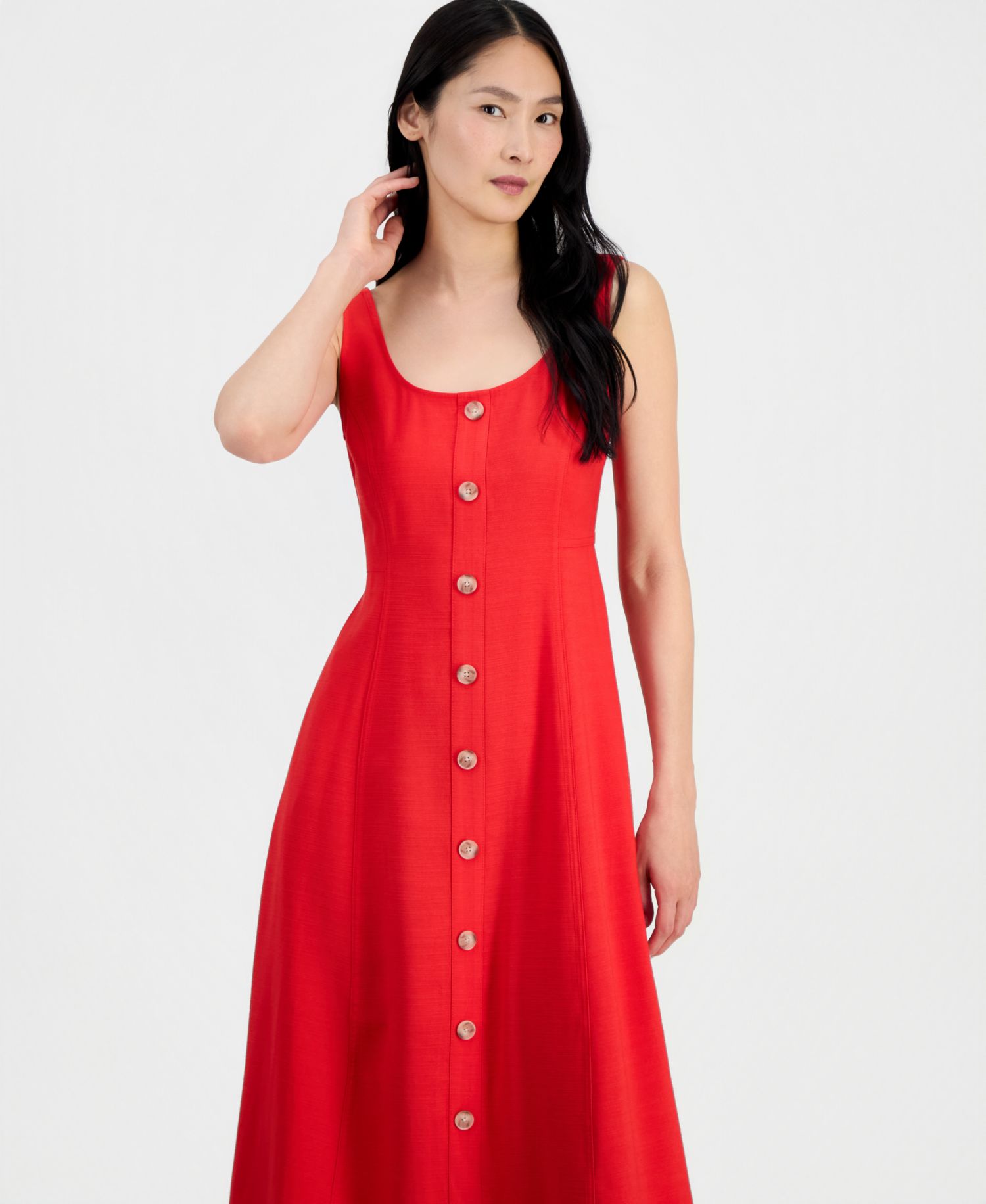 Petite Sleeveless Button Detail A-Line Midi Dress