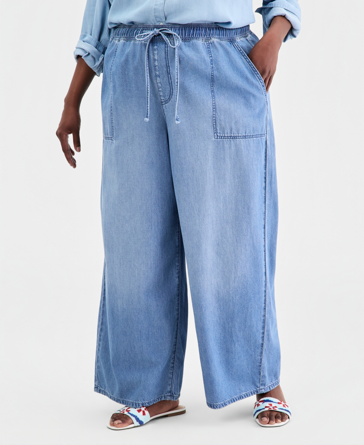 On 34th Trendy Plus Size Drawstring-Waist Wide-Leg Jeans, Macy's Exclusive