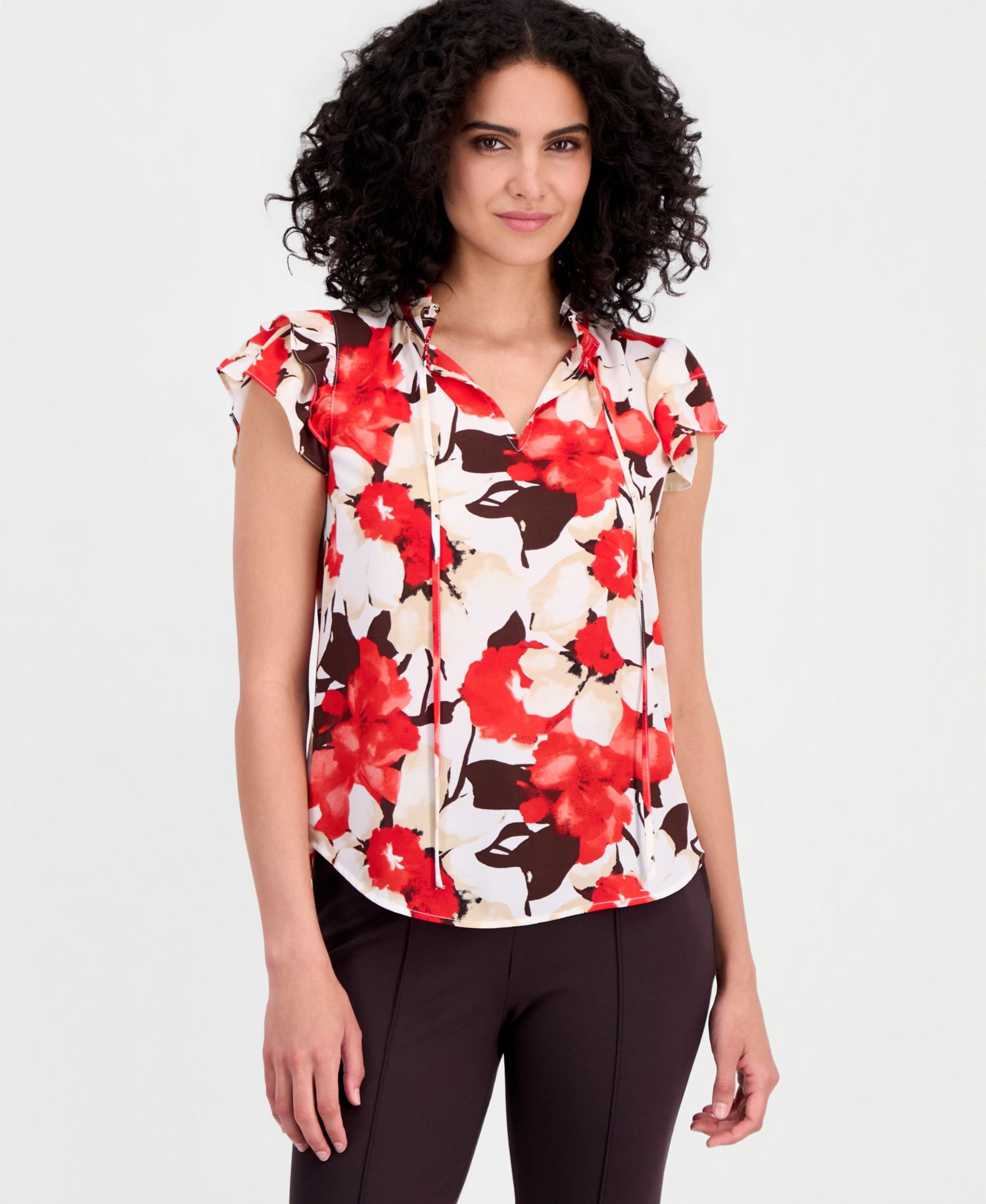 Petite Tie-Neck Ruffle-Sleeve Top