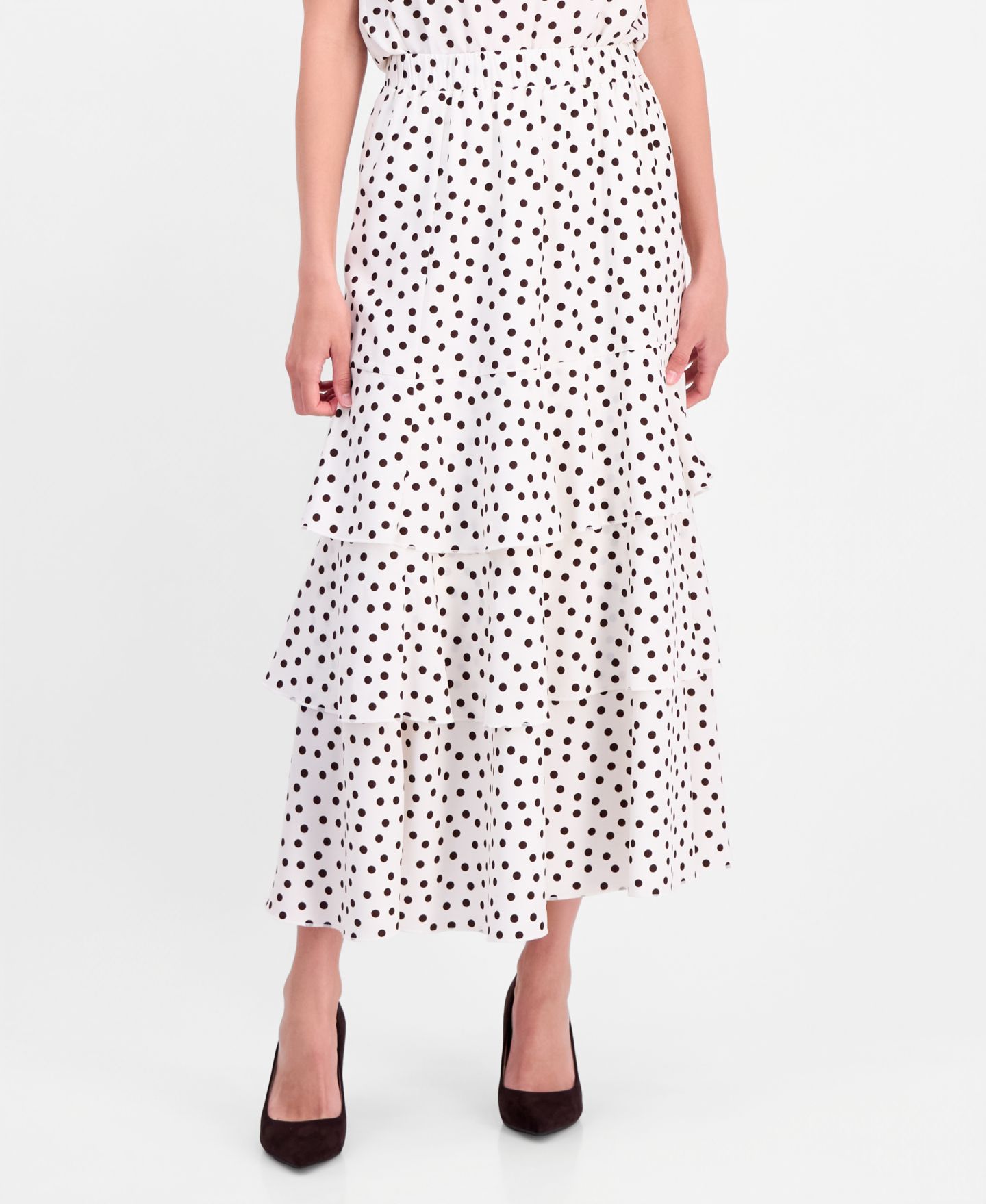 Женская юбка Anne Klein Polka-Dot Pull-On Tiered, цвет: Белый / Тёмный шоколадный — фото 1