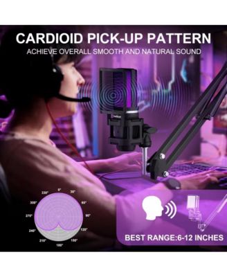 Plug&Play Gaming USB Microphone with Type-C Adapter for PC, RGB Condenser Computer Mic with Tripod Stand & Boom Arm, Quick Mute