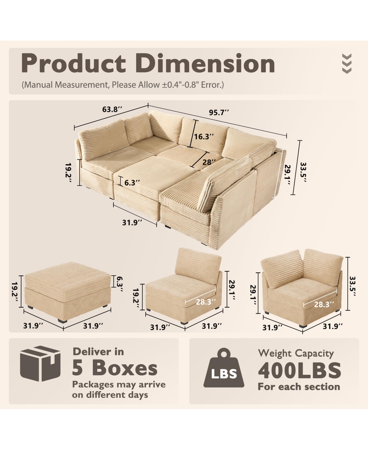 Xizzi 6-Piece Living Room Furniture Sectional Sofa, L-Shaped Deep Seat Cloud Couch with Chaise Ottoman, Comfy Corduroy Modular Sofa Bed for Home