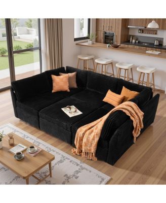 6-Piece Living Room Furniture Sectional Sofa,  L-Shaped Deep Seat Cloud Couch with Chaise Ottoman, Comfy Corduroy Modular Sofa Bed for Home