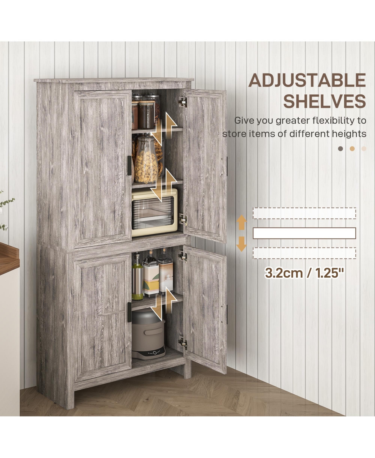 Homcom 64" 4-Door Kitchen Pantry, Freestanding Storage Cabinet with 3 Adjustable Shelves for Kitchen, Dining or Living Room, Grey