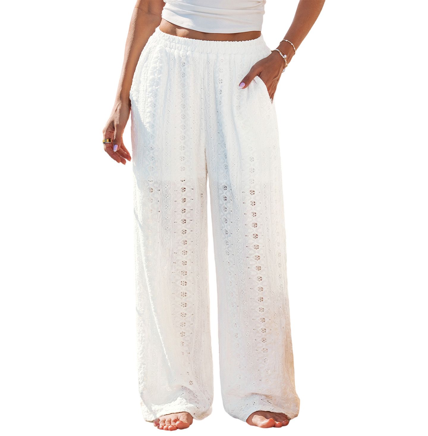 Женские брюки Cupshe Pull-On Wide Leg Long Pants with Comfortable Fit, цвет: Белый — фото 1