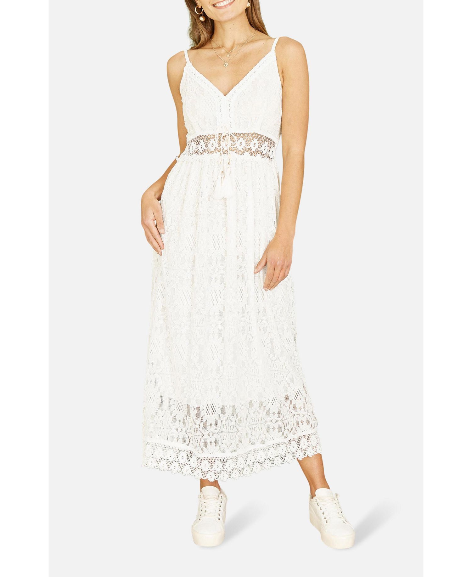 Women's Lace Embroidered Tassel Tie Midi Dress