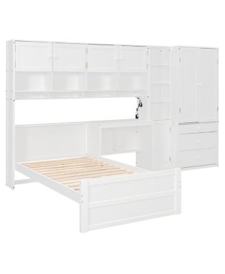 Wooden Twin Platform Bed with Desk, Wardrobe, Cabinets, Drawers, Shelves