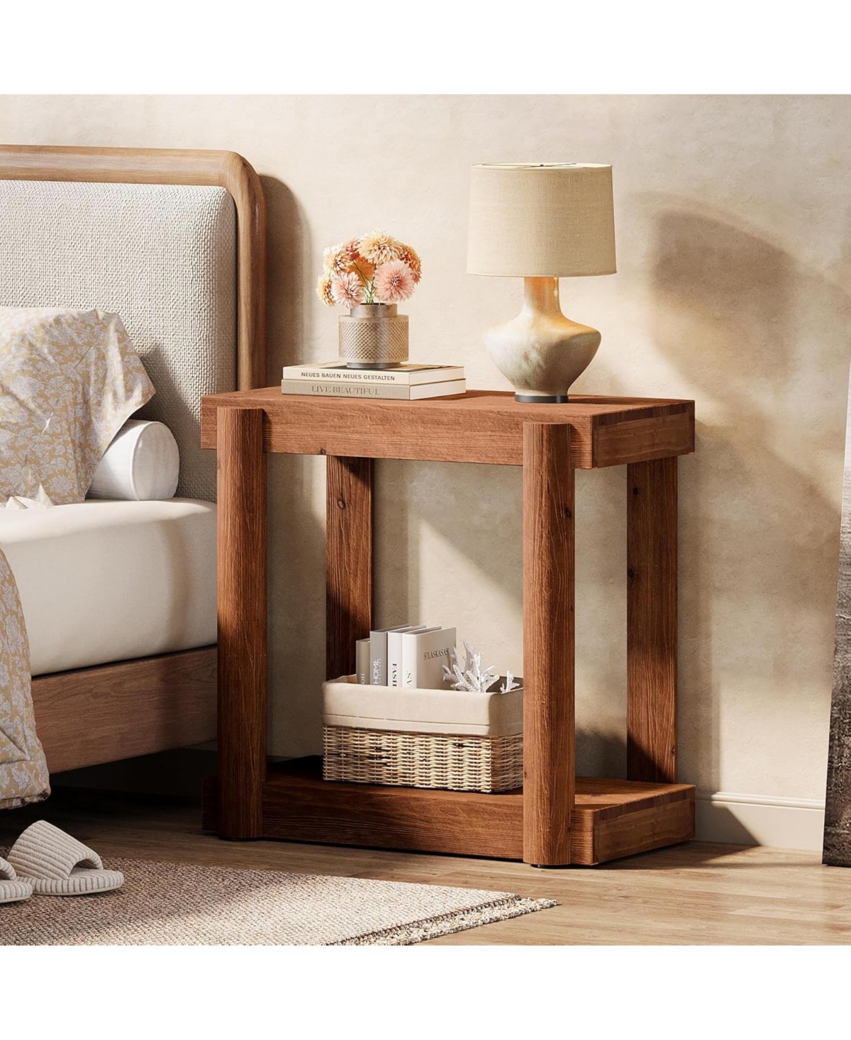 Tribesigns Solid Wood End Table Set of 2, Farmhouse Side Table with 2-Tier Storage Shelf, Rectangle Bedside Tables Accent Nightstand