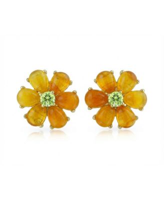 Floral CZ Center   Jade Flower Stud Earrings Gold Plated .925 Sterling Silver