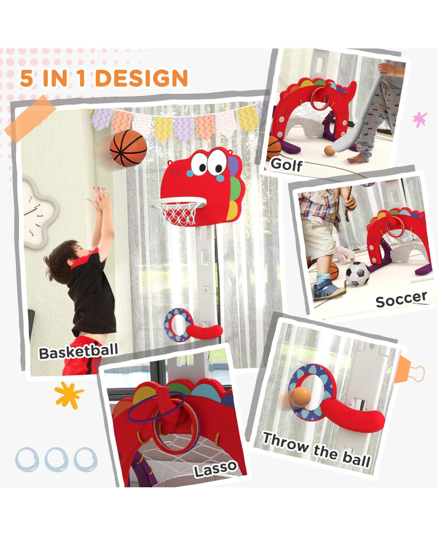 Детская игрушка Qaba Dinosaur-Themed 5-in-1 Kids Basketball Hoop, Height-Adjustable 4.4-5 ft, Ages 3-6 — фото 5