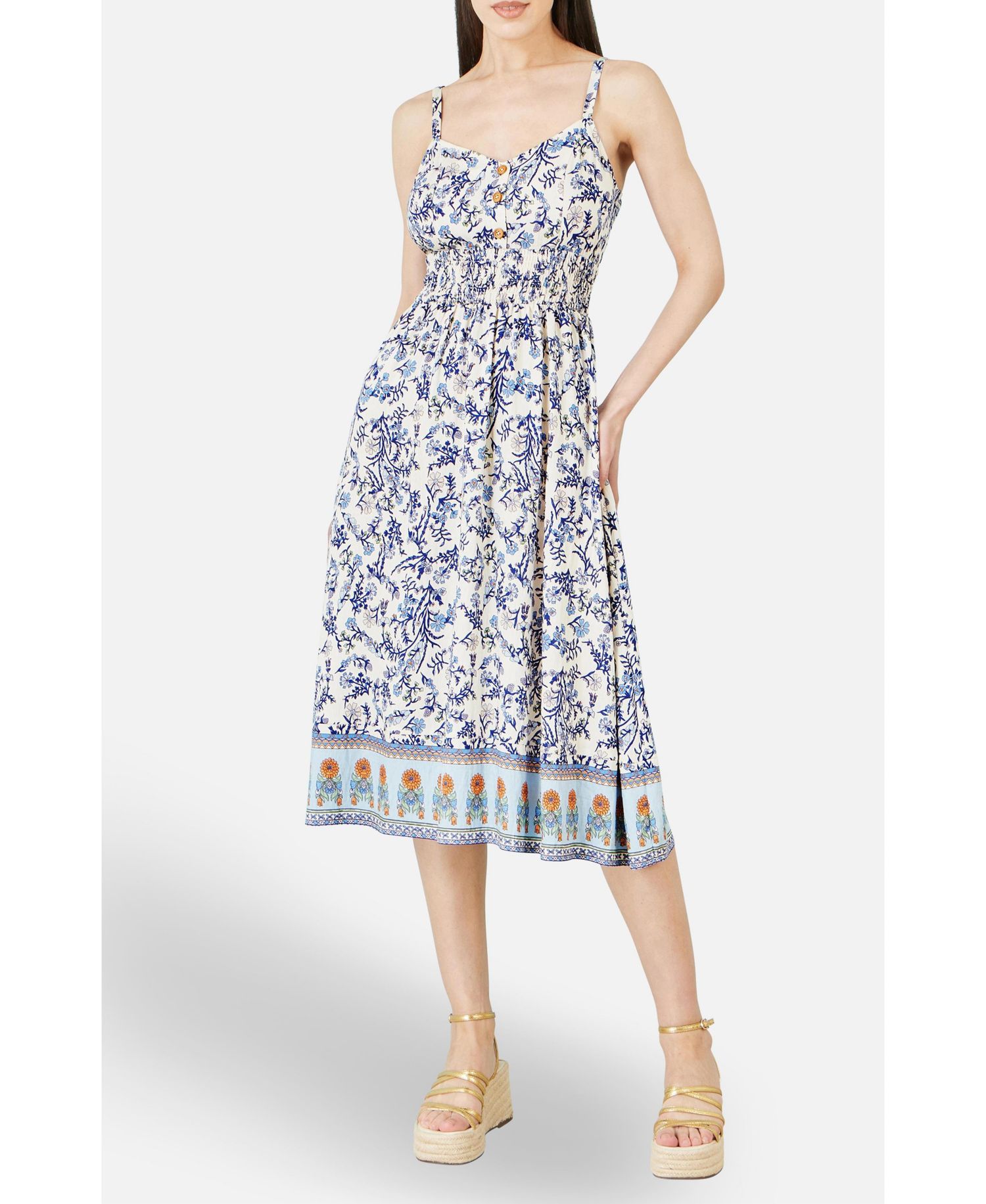 Women's Floral Border Print Midi Sun Dress
