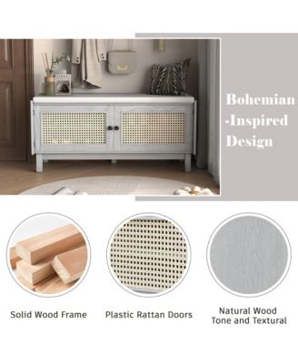 Rattan Shoe Storage Bench, Wooden Shoe Organizer with Cushion, 2 Doors, 2-Tier Shoe Rack and Adjustable Shelves for Entryway, Hallway