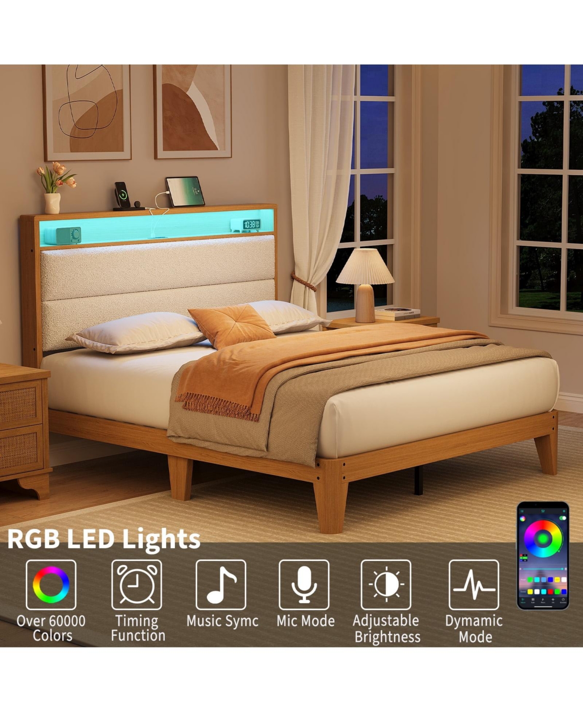 gaomon Boucle Upholstered Bed Frame with Led Lights and Charging Station with 2-Tier Storage Shelves