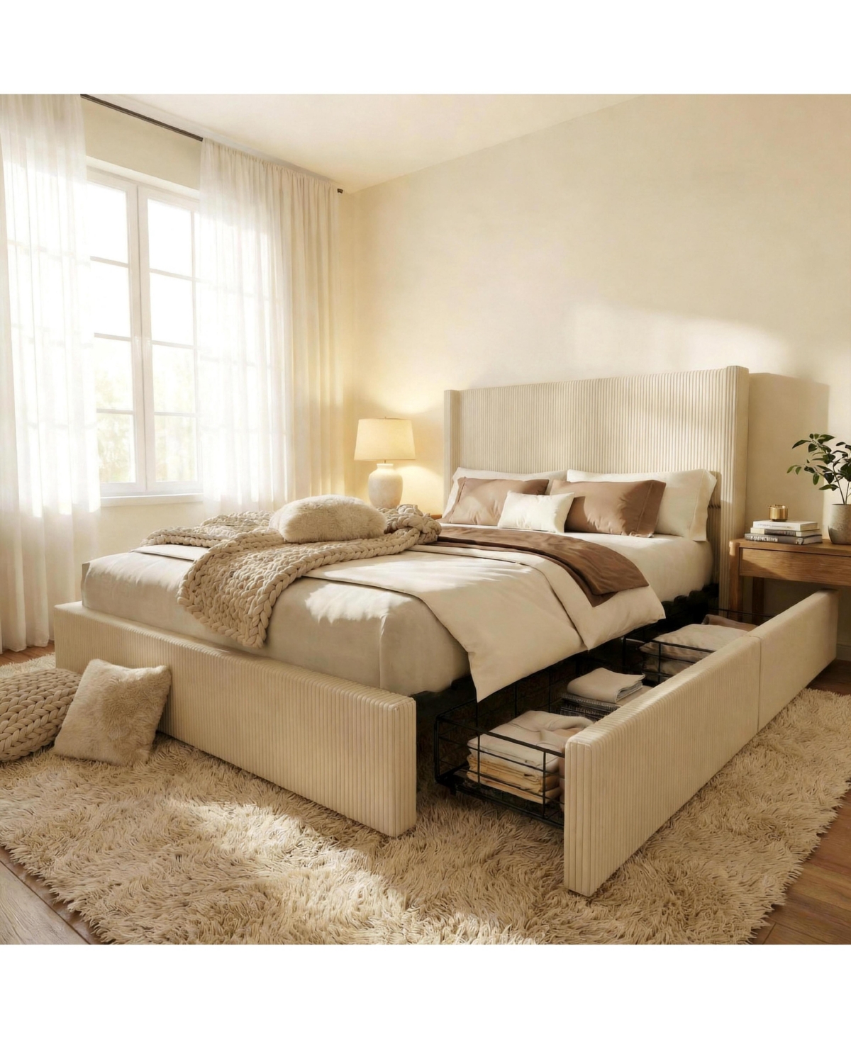 gaomon Upholstered Platform Bed Frame with Storage Drawers,Wingback with Tufted Headboard and Footboard