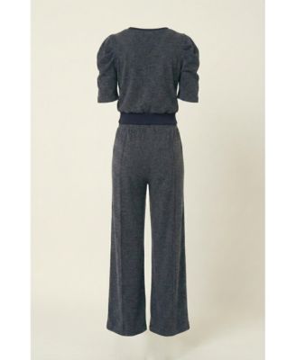Women's Puff Sleeve Knit Top and Wide Leg Pants Set