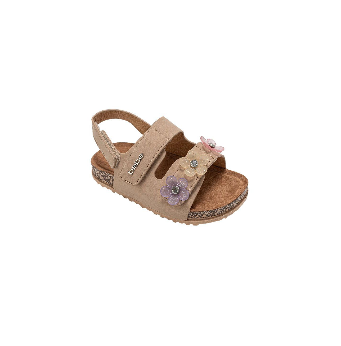 Сандалии Bebe Footbed Slide Sandals - Sparkle Finish with Glitter Flower Detail для девочек, цвет: Рыжевато-коричневый — фото 1