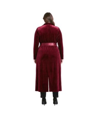 Plus Size Velvet Wrap Satin Belt Long Coat