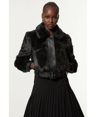 Women's Faux Fur Pu Panel Belted Cropped Jacket
