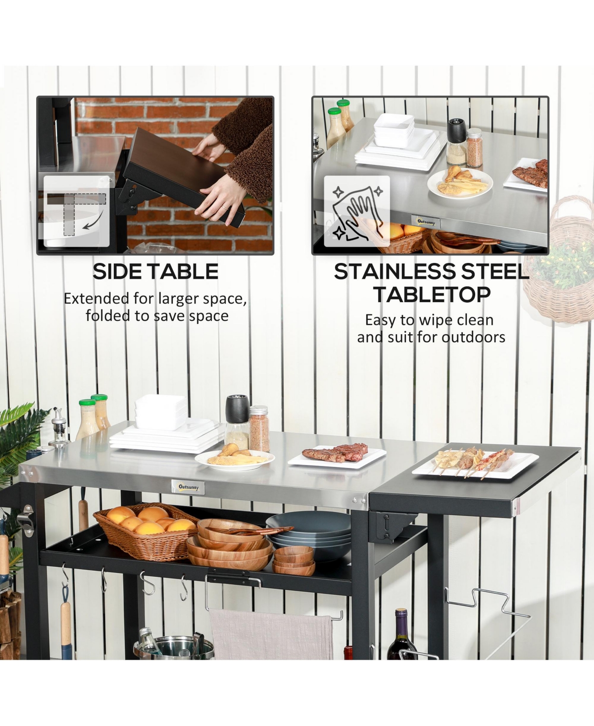 Outsunny Movable Stainless Steel 3-Shelf Outdoor Grill Cart w/ Side Table