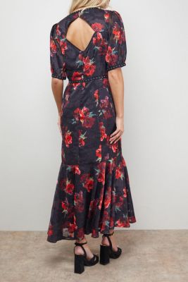 Women's Floral Stud Trim Puff Sleeve Midi Dress