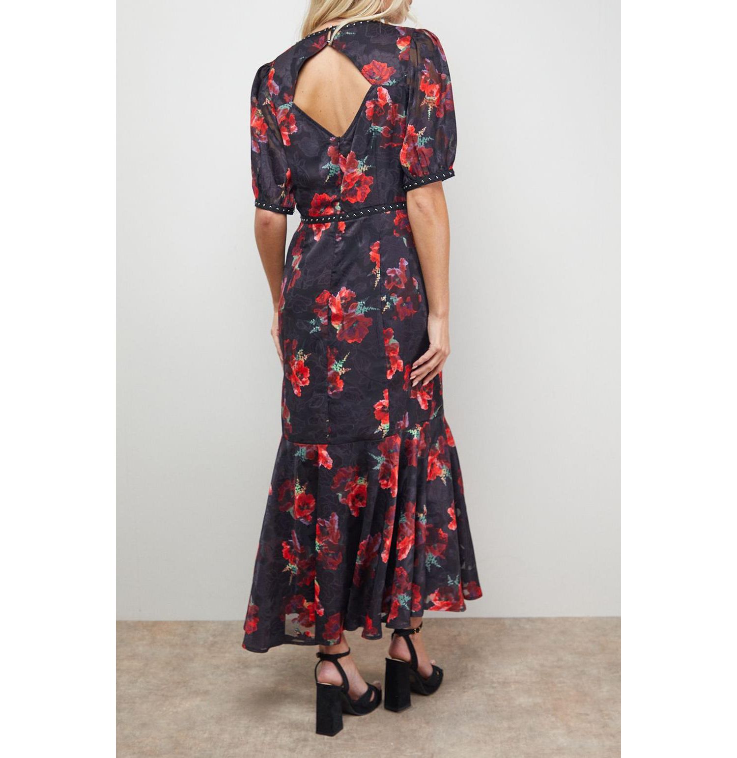 Women's Floral Stud Trim Puff Sleeve Midi Dress