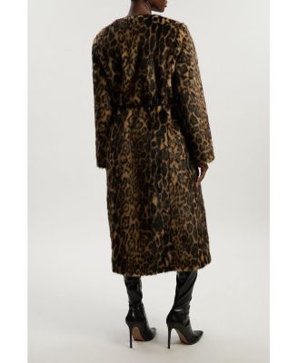 Women's Faux Fur Collarless Tie Belted Midi Coat