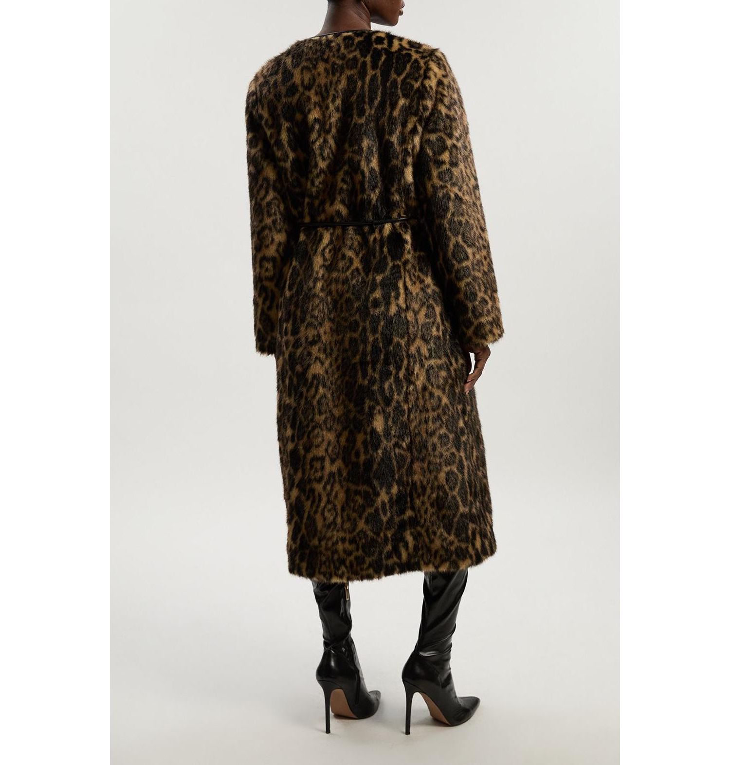 Women's Faux Fur Collarless Tie Belted Midi Coat