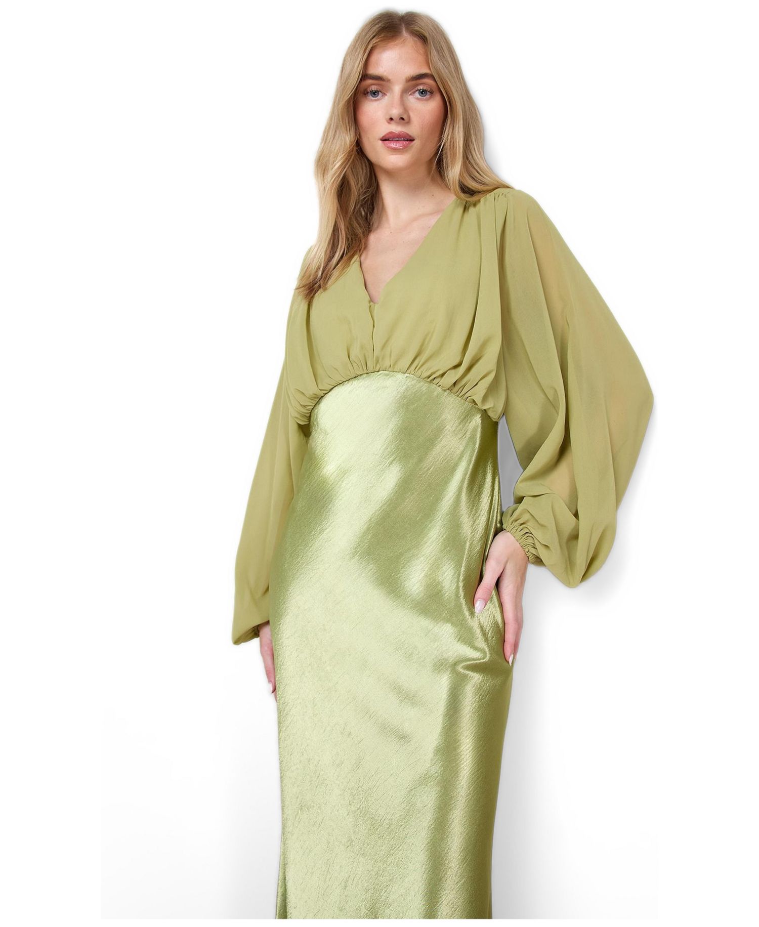 Women's Satin Chiffon Mix V Neck Midaxi Dress