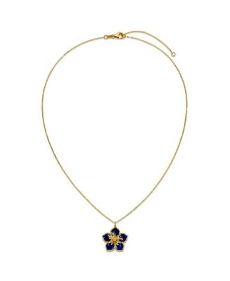 14K Yellow Gold 18 Inch Italian Navy Enamel Textured Plumeria Necklace