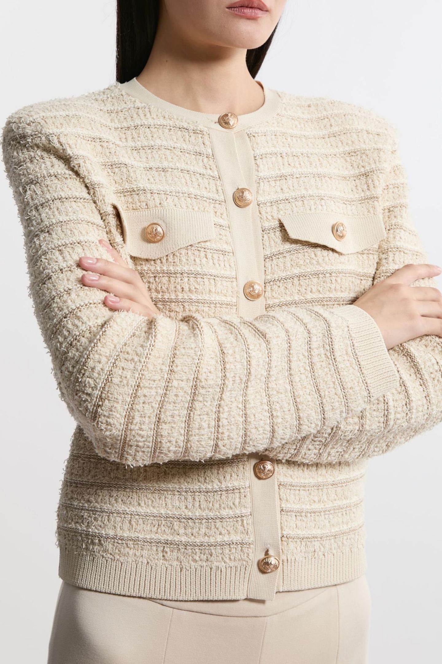 Женская куртка Karen Millen Textured Military Trim Knit, цвет: Кремовый — фото 7