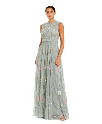 Women's Floral Mesh Sleeveless A Line Micro Ruffle Gown