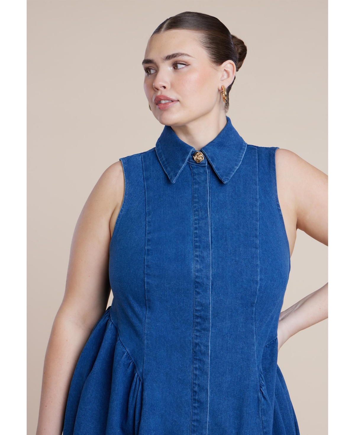 Eloquii Women's Sleeveless Denim Button Detail Dress