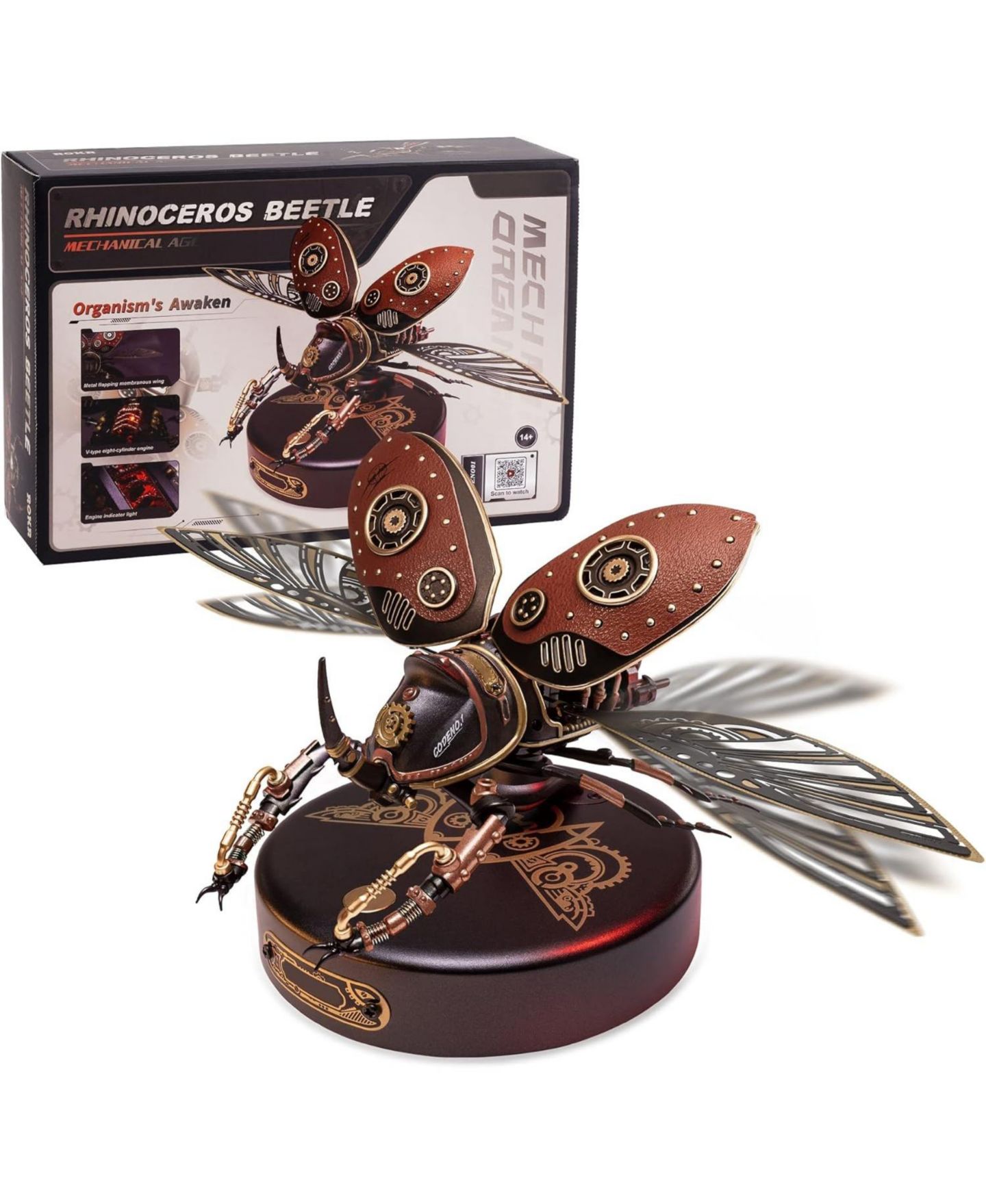 Детский конструктор Robotime Steampunk Mechanical Rhinoceros Beetle Touch-Activated LED 156-Piece 3D Metal Puzzle Building Set, Ages 8+ — фото 1