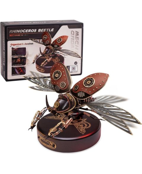 Детский конструктор Robotime Steampunk Mechanical Rhinoceros Beetle Touch-Activated LED 156-Piece 3D Metal Puzzle Building Set, Ages 8+