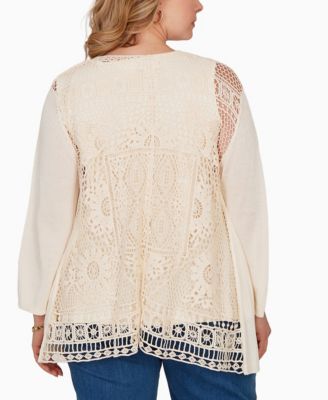 Plus Size Crochet Back Open Front Cardigan Sweater