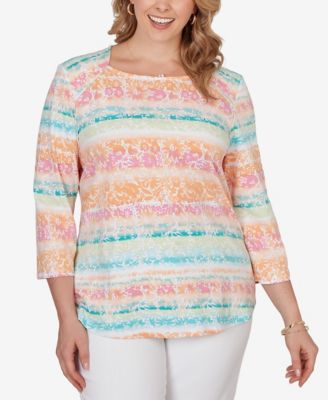 Plus Size Painted Floral Stripe Knit Top