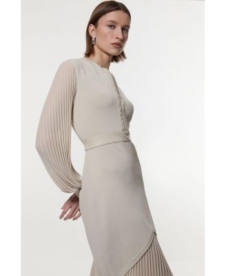 Women's Pu Trim Woven Sleeved Pleated Dress