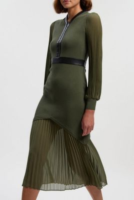 Women's Pu Trim Woven Sleeved Pleated Dress