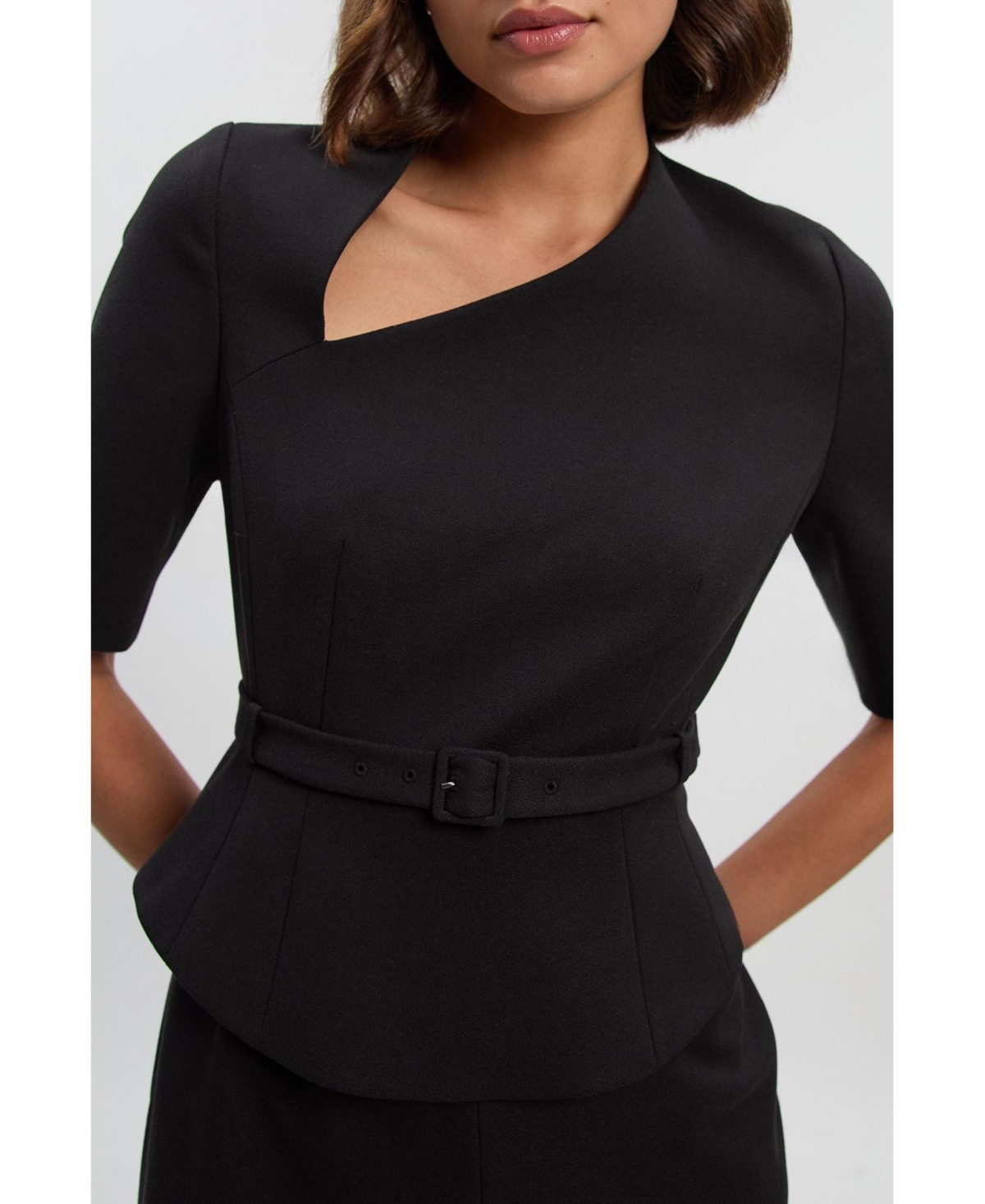 Karen Millen Women's Asymmetric Neck Belted Pencil Midi Dress