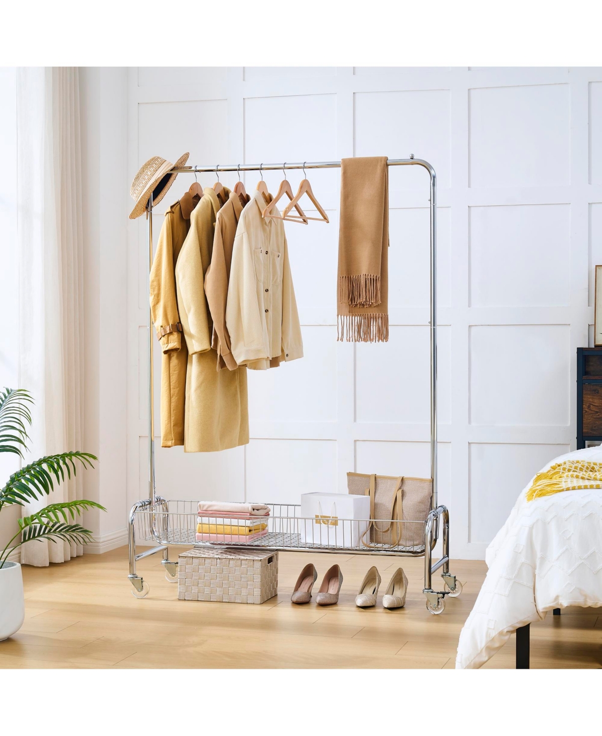 Rainsken Heavy Duty Garment Rack, Portable Closet Wardrobe Rack, Rolling Clothing Rack with Wheels and Storage Basket for Hanging Clothes