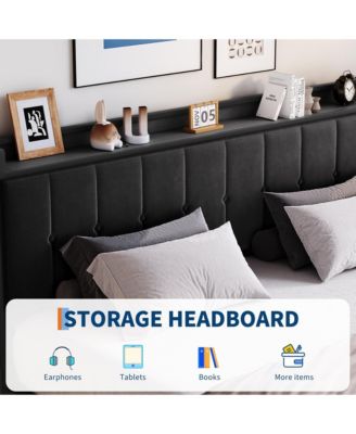 Upholstered Bed with Button Tufted Wingback Storage Headboard, Hydraulic Storage