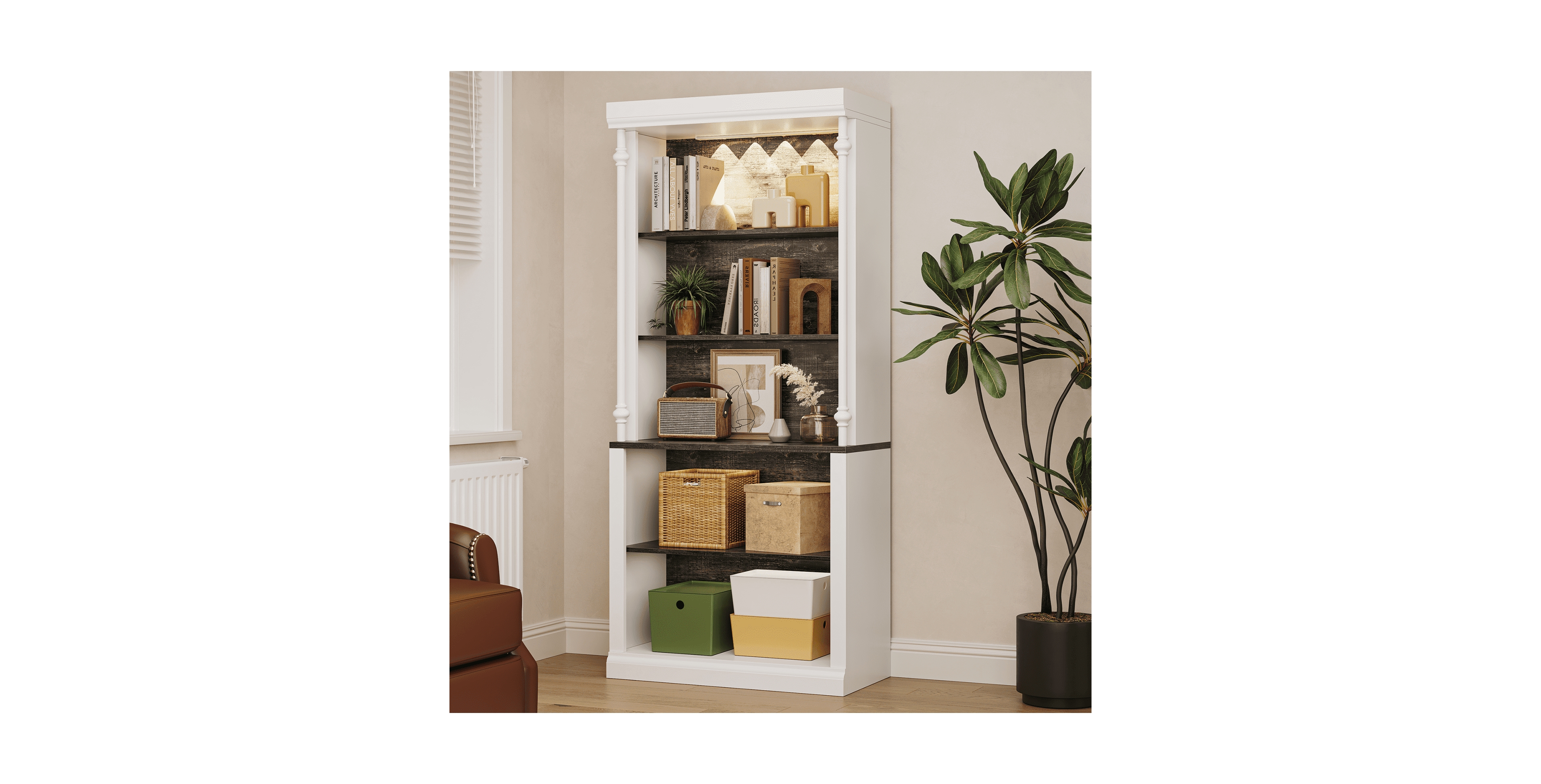 gaomon 71'' Tall Bookcase with Led Lights, Free-Standing Library Bookshelf with 5-Tier Storage Shelves