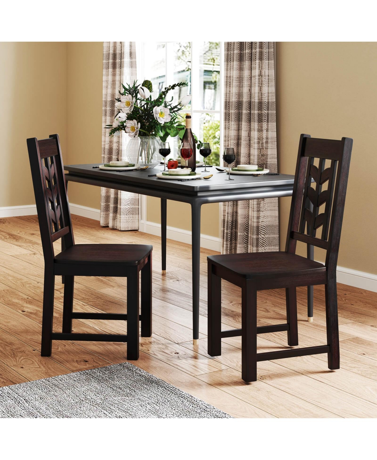 Dining Chair with Rubber Wood Frame & Leaf-shape High Back for Kitchen